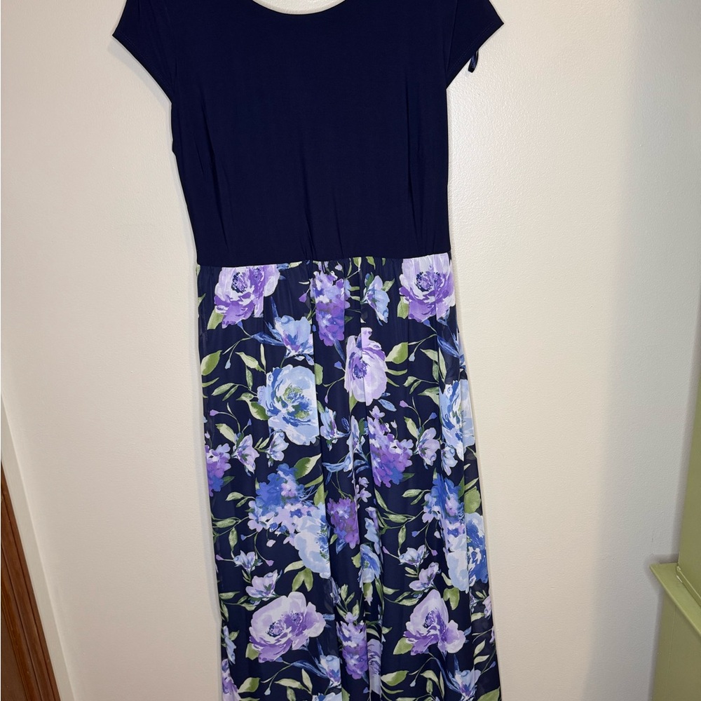 SLNY Navy‎ Floral Maxi Dress Short Sleeve Empire Waist Size 14W